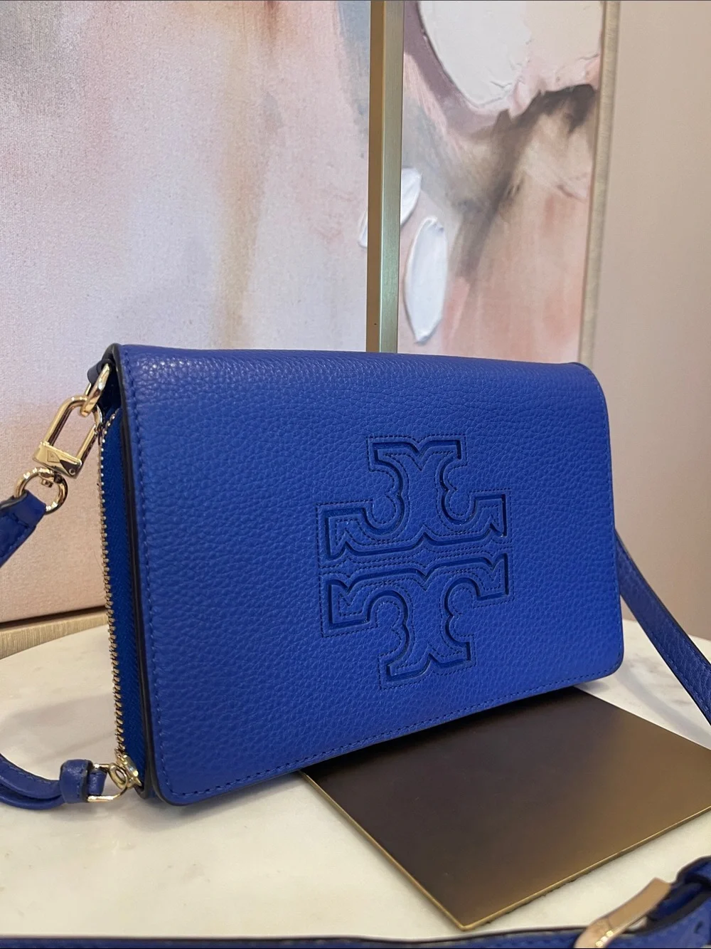 Tory Burch Pebbled Leather Crossbody in Royal Blue with Gold Hardware